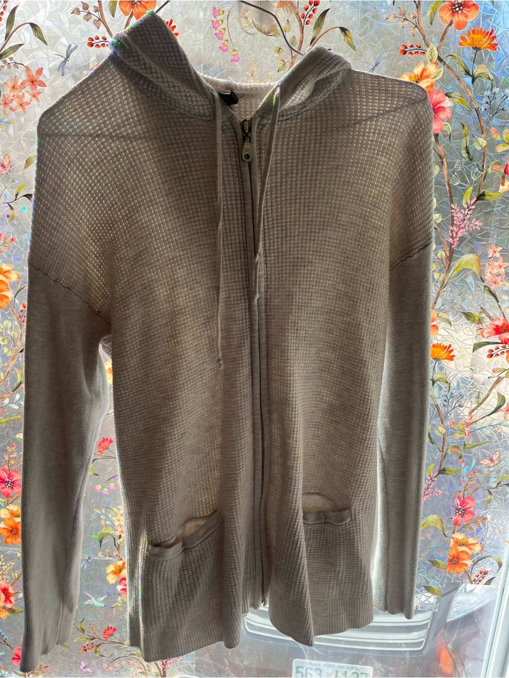 Light Gray Hooded Zip-up Waffle Knit Sweaterrr